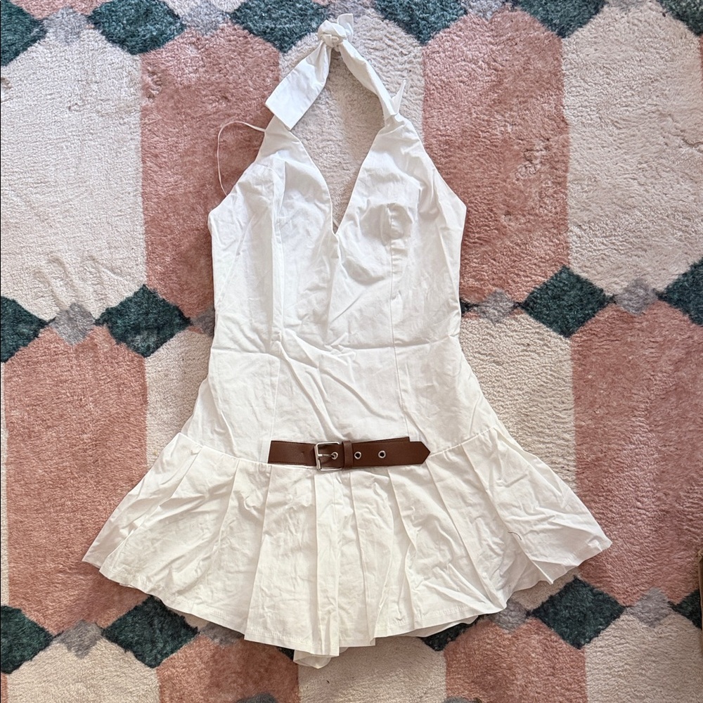 Fashion Nova White Halter Jumpsuit with Brown Belt